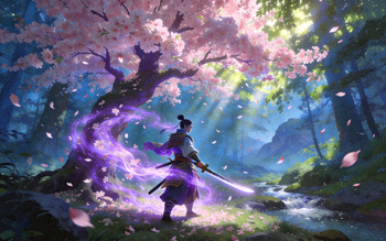 艾欧尼亚自然风光与武士，樱花树与魔法能量交织，体现平衡与和谐