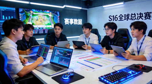 S16全球总决赛专题运营团队在电竞分析室讨论赛事数据的场景，展示专业协作氛围