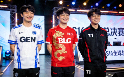 S16三大赛区头号种子战队合影，展示GEN、BLG与T1队服