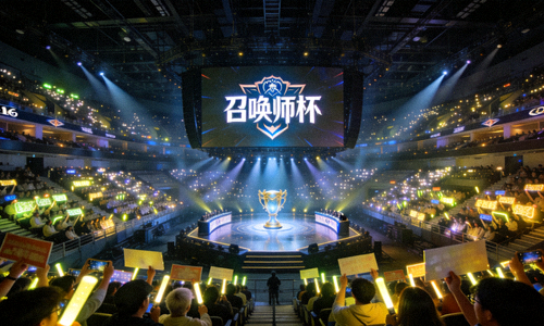 英雄联盟S16全球总决赛比赛场馆内景，观众席坐满粉丝，舞台中央显示召唤师杯